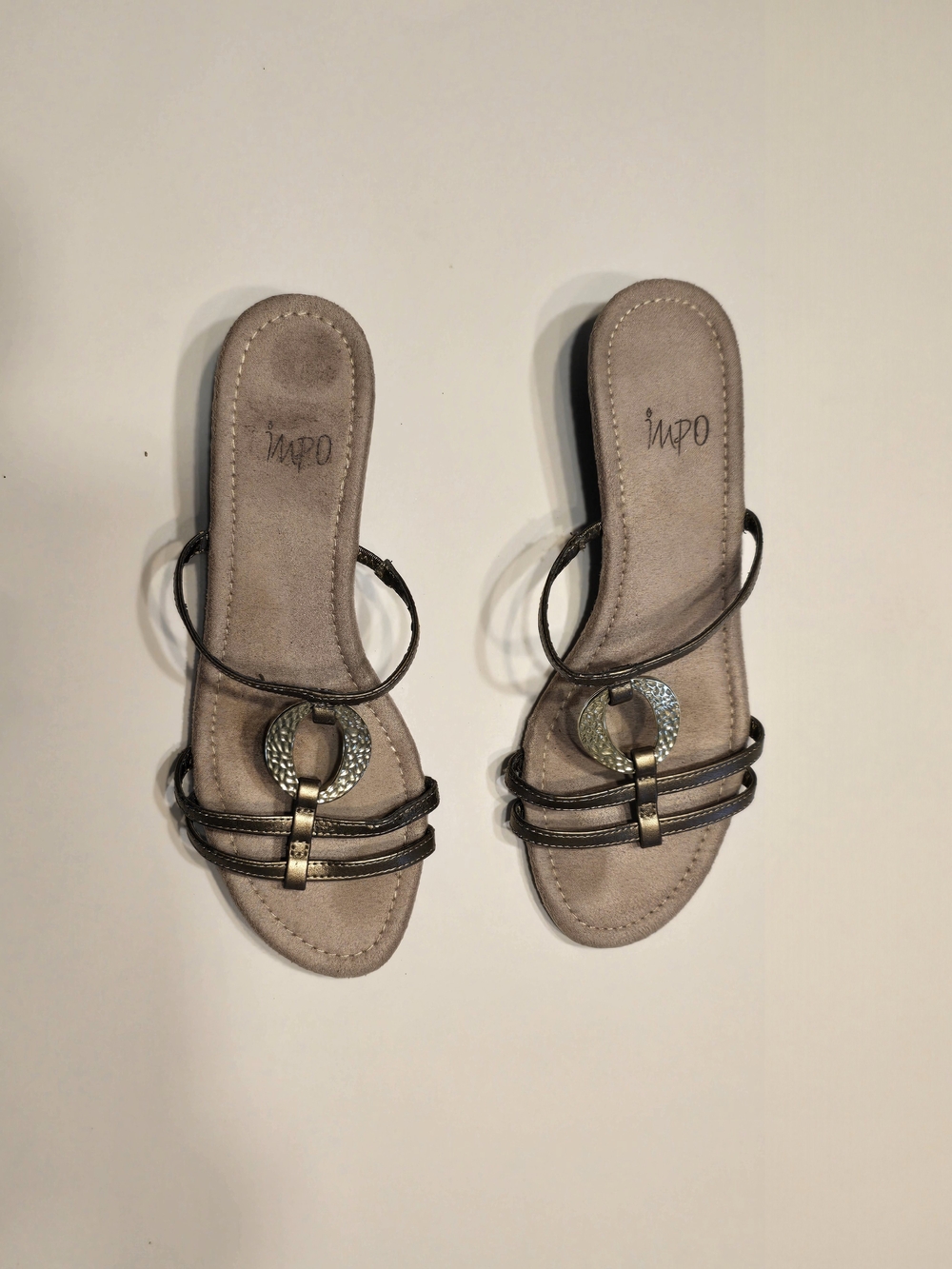 Indigo Taupe Slide Sandals with Metallic Ring Accent
